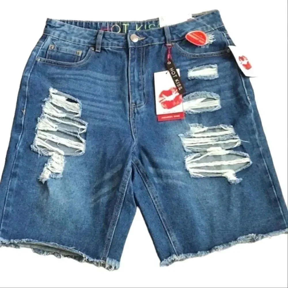 Hot Kiss Highest Rise Ripped Bermuda Blue Jean Shorts Size 15 NWT